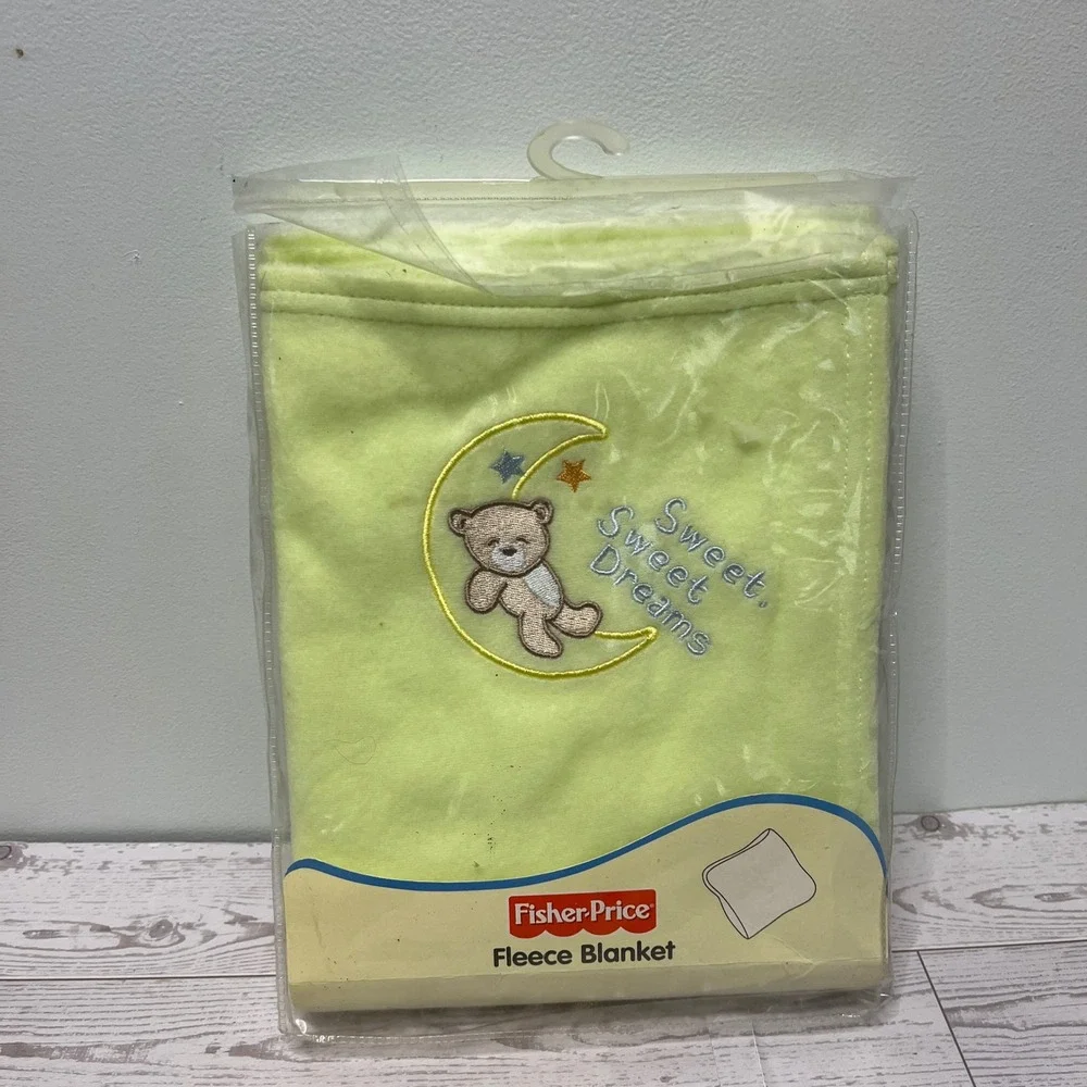 VTG Fisher-Price Fleece‎ Baby Blanket Green Teddy Bear Moon Sweet Dreams 2005